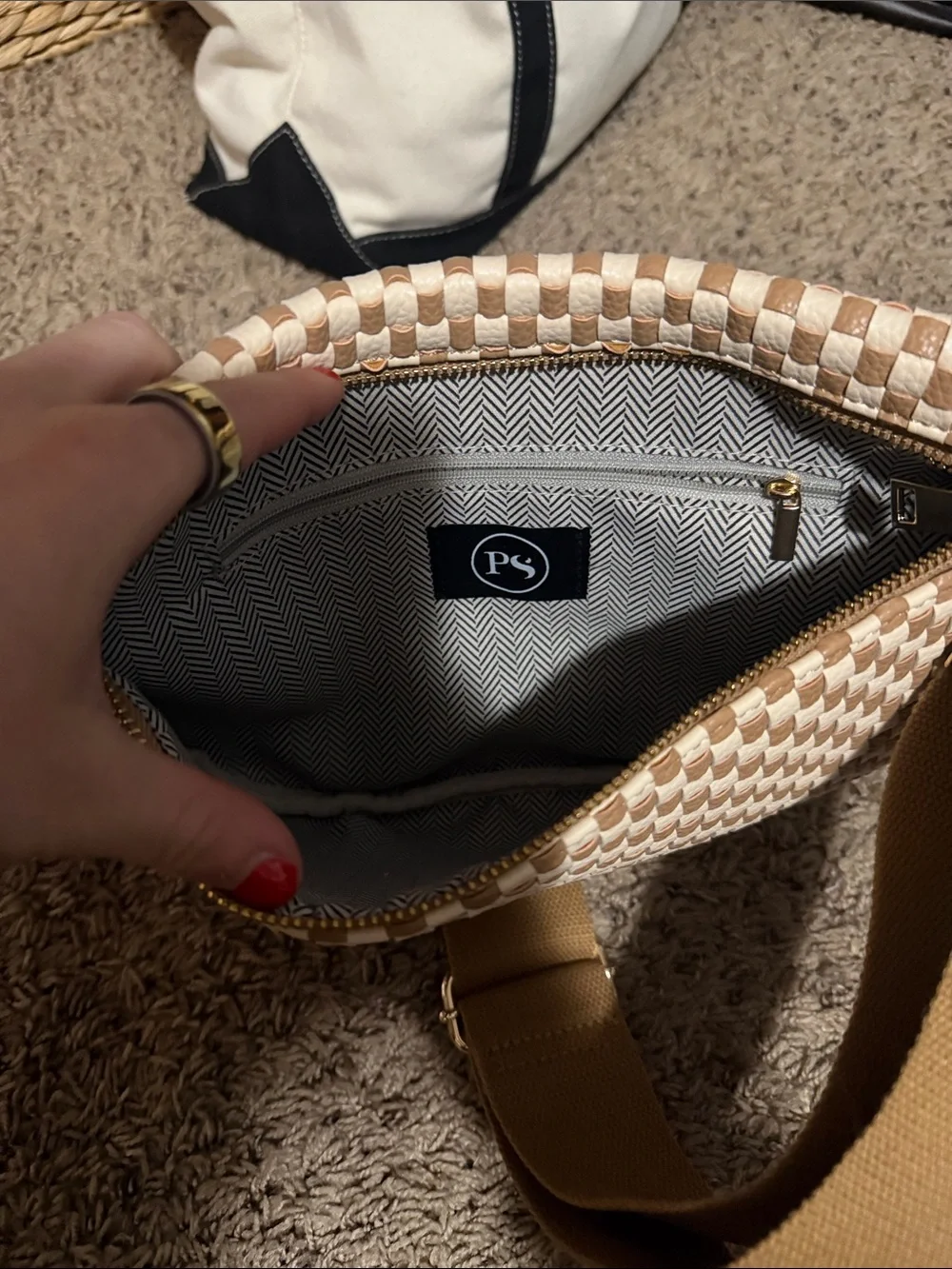 Checkered Canvas Crossbody Bag in Beige & White